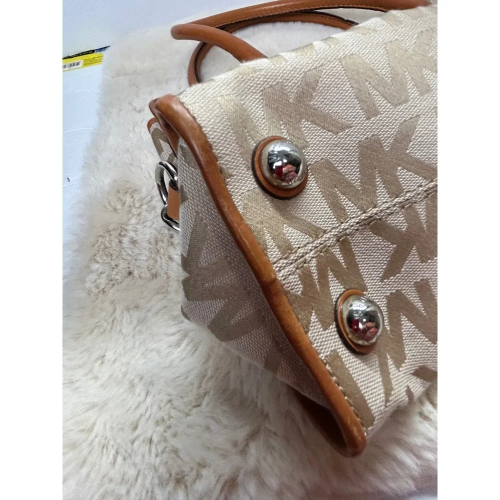 Michael Kors Hamilton Satchel Monogram Canvas Tan Leather Crossbody Bag Dust Bag